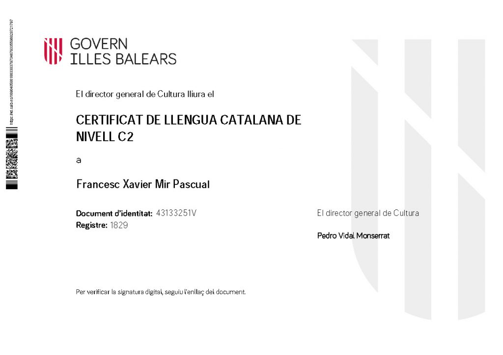 Certificado de Lengua catalana de Xavi Mir